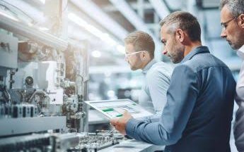 Ingenieros revisando una máquina en planta, con tableta en mano